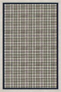 Callanish Tartan loop pile design in centre of rug with raised blue inner border and loop pile neutral outer border