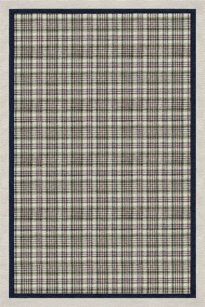 Callanish Tartan loop pile design in centre of rug with raised blue inner border and loop pile neutral outer border
