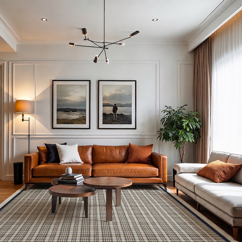 Leather sofa with Tartan rug Rev 3 for web
